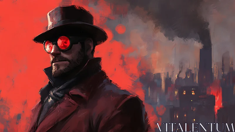 Man in red coat before smoky industrial cityscape.