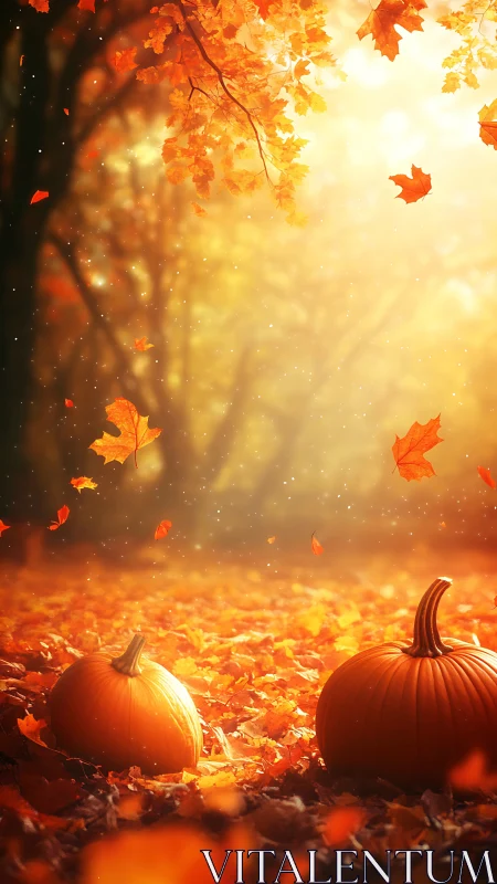 Volumetric autumn light over pumpkins in leaf-littered grove.
