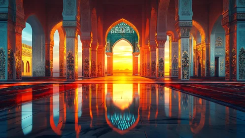 Sunlit palace arches glowing with warm reflections at dusk.