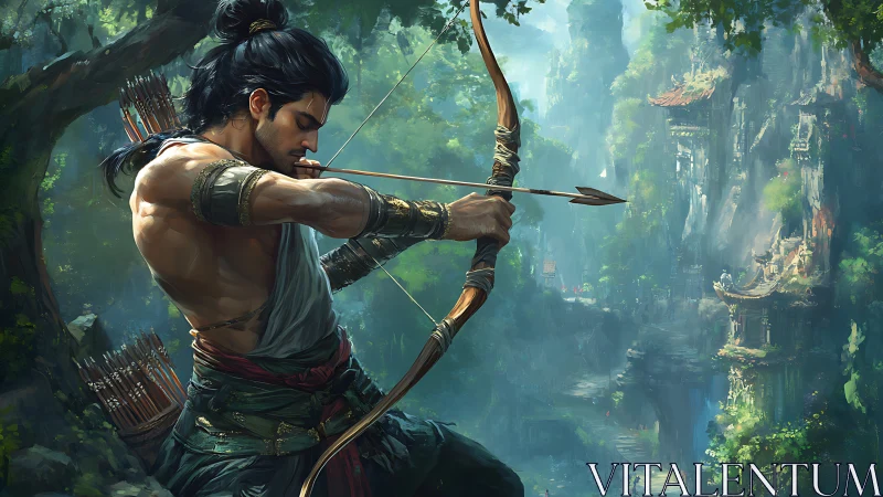 Archer poised with drawn bow in dense jungle gorge setting.