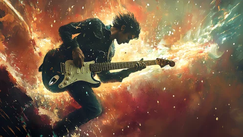 Electric guitarist riding a fiery wave of color and sound.