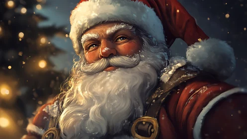 Close-up portrait of Santa Claus in warm festive light.