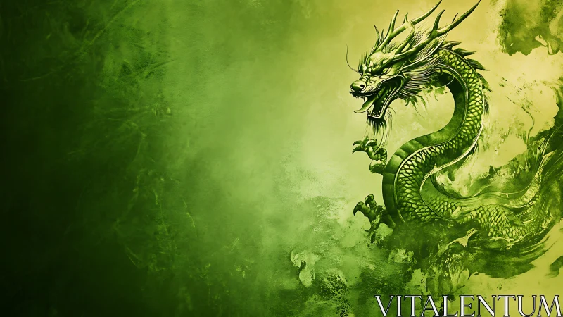 Emerald serpentine dragon rendered with dynamic ink-like particle dispersion