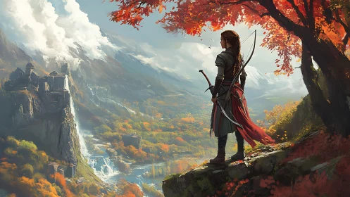 Archer on a crimson cliff surveying a tranquil fantasy valley.