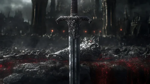 Runed battle sword stands over molten battlefield remains