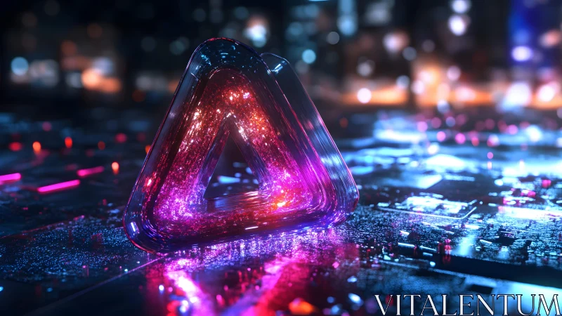 Futuristic glowing Penrose triangle on neon-lit circuit board, digital art.