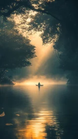 Solitary canoeist drifting through misty golden dawn glow.
