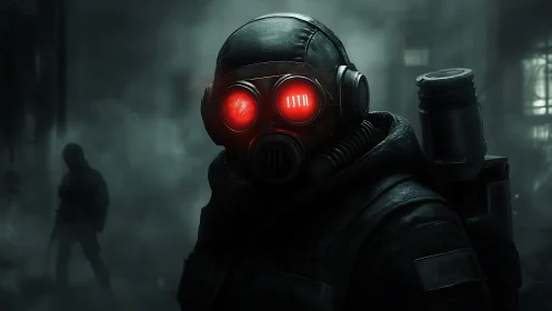 Armored soldier with red goggles in toxic fogged ruins.