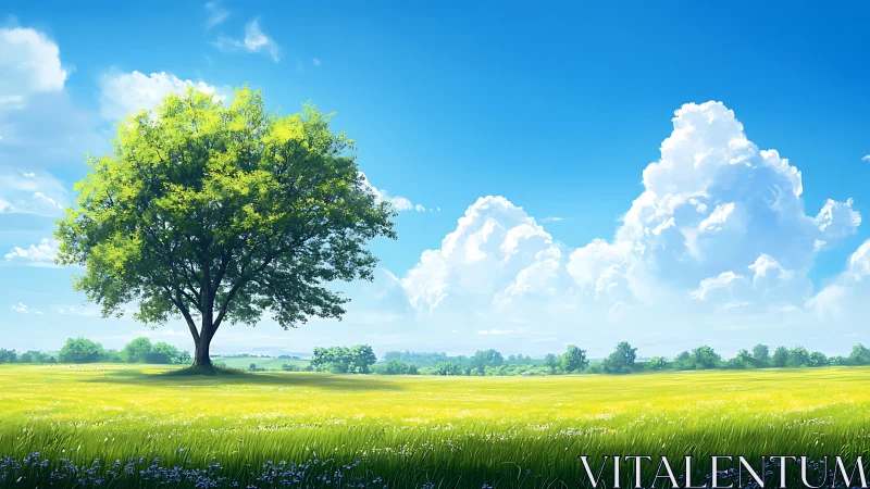 Lone green tree under vast summer sky in sunny meadow.