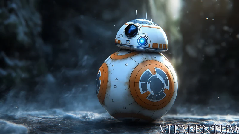 Spherical droid stands on icy ground under soft rim light