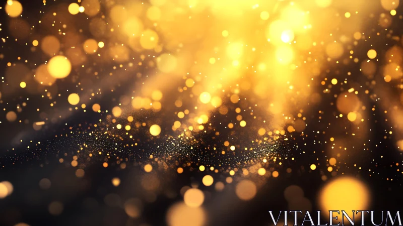 Abstract golden bokeh lights with glowing particles on dark background.