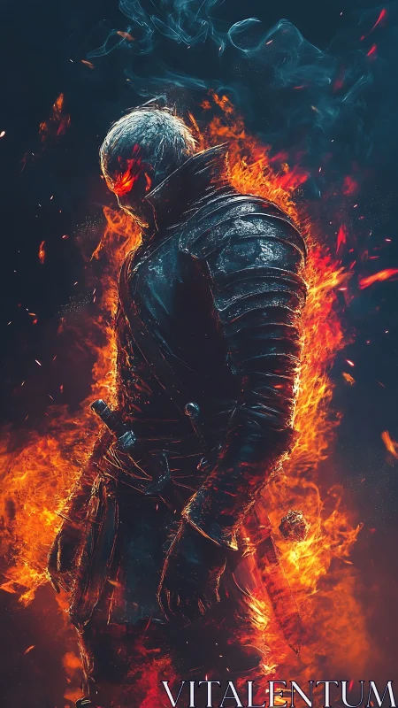 Armored warrior stands engulfed in vivid, rising flames