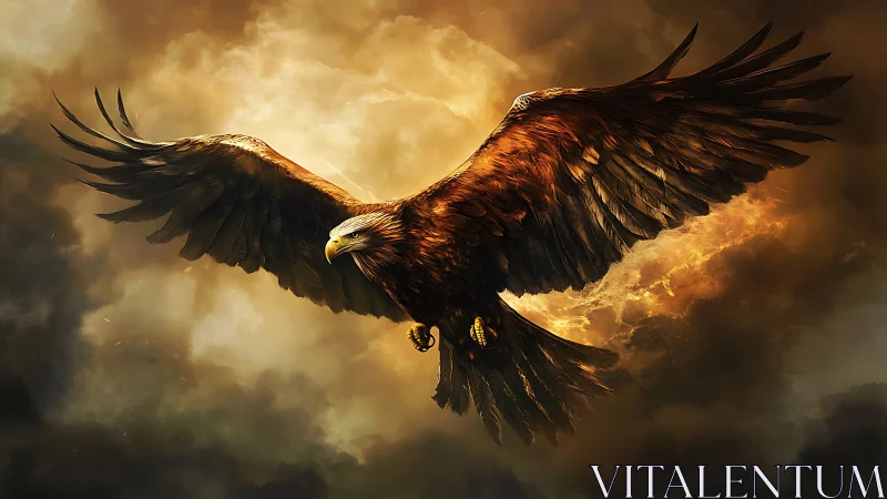 Majestic eagle soaring through dramatic clouds, digital art style.