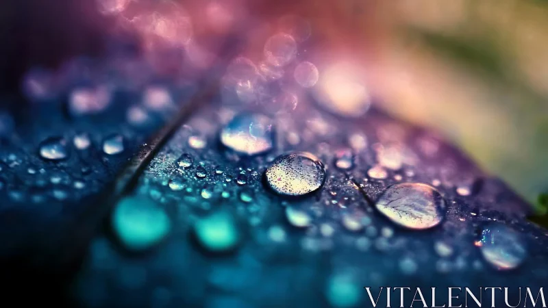 Prismatic raindrops shimmer across a twilight-tinted leaf.