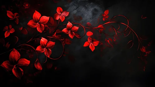 Red flowers with curved vines on dark textured background