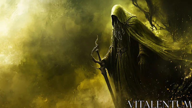 Hooded reaper of the yellow fog, cradling twin doomblades.