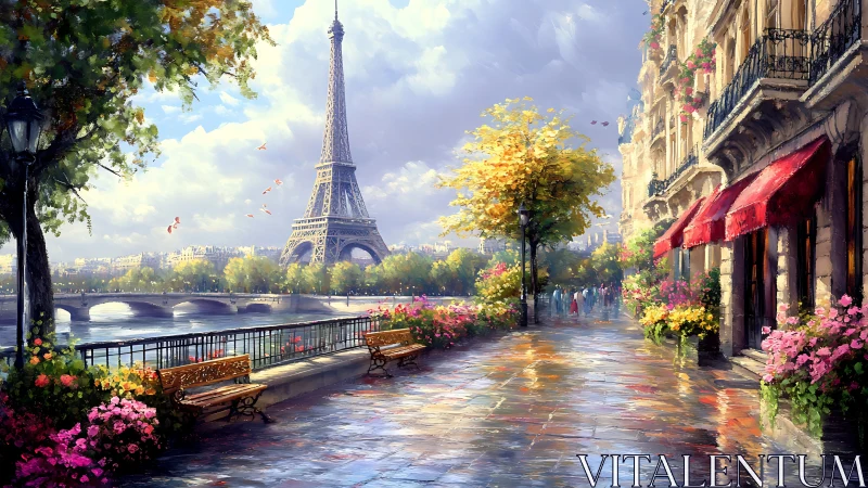 Romantic Paris street scene with Eiffel Tower and river.