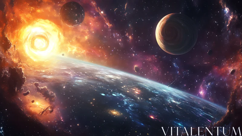 Stellar vortex over tilted exoplanetary horizon, digital painting.