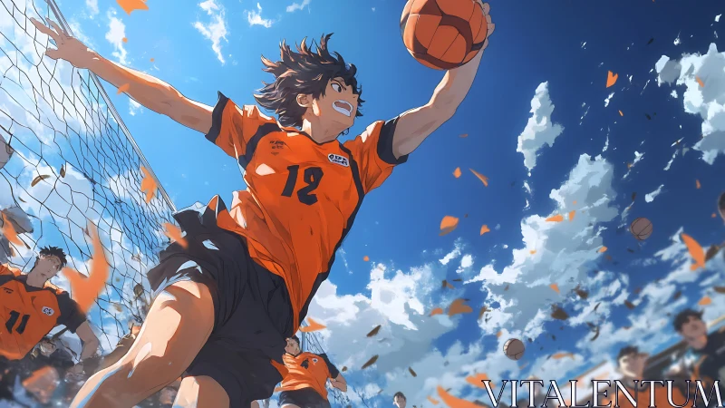 Skyward leap captures a joyful volleyball victory moment