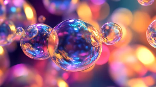 Iridescent soap bubbles floating through neon bokeh haze.