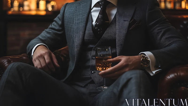 Suit-clad storyteller cradles whisky in low-lit hush.