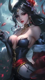 Moonlit rose sorceress in swirling crimson petals.