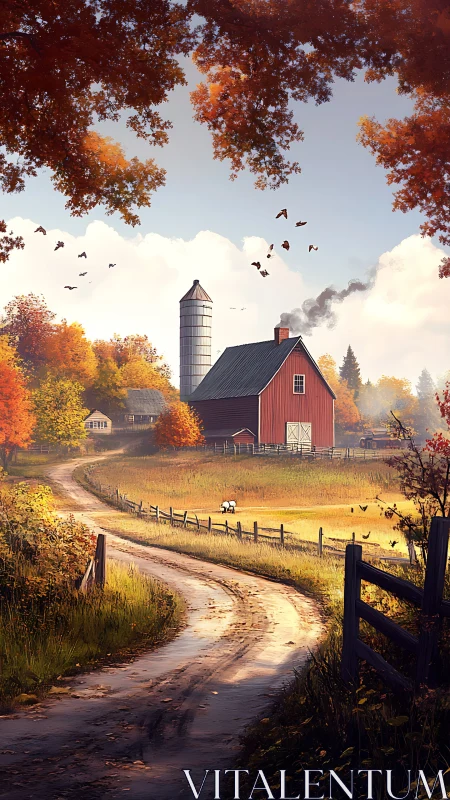 Sunlit country barn surrounded by cozy autumn fields.