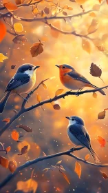 Three small birds perch on branches amid falling autumn leaves