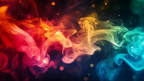 Multicolored abstract smoke formations on dark gradient background.