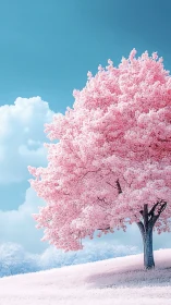 Infrared-styled cherry tree on pastel hillside under cyan sky