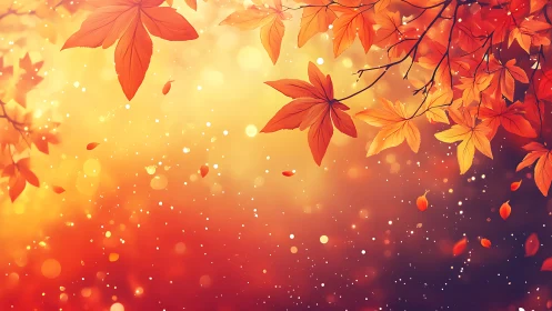 Orange maple foliage and drifting leaves on gradient sky.