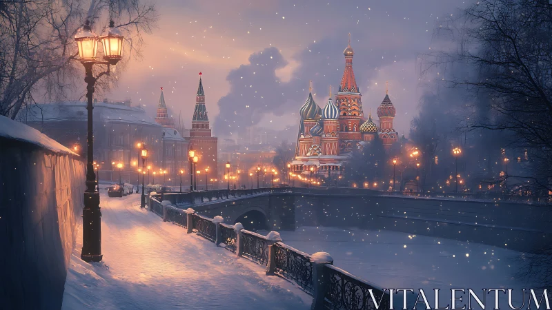 Digital painting of Moscow winter skyline with luminous snow.