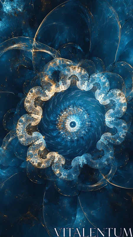 Spiraling cosmic bloom in luminous blue fractal space.