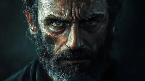 Stormlit gaze of a weathered wanderer in deep shadow.