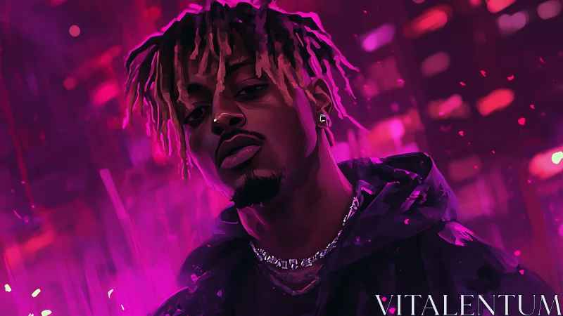 Moody neon portrait of a cool city night dreamer stand.