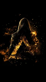 Hooded figure emerges from blazing triangular symbol.