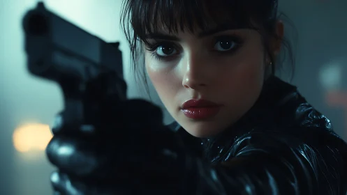 Tactical close-up of armed woman in cinematic low-key lighting.