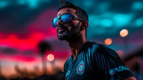 Sunset glow wraps a confident man in reflective shades