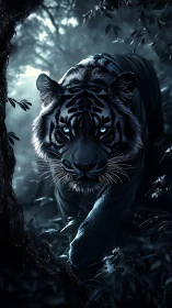 Midnight tiger stalks shadowed forest path in moonlight.