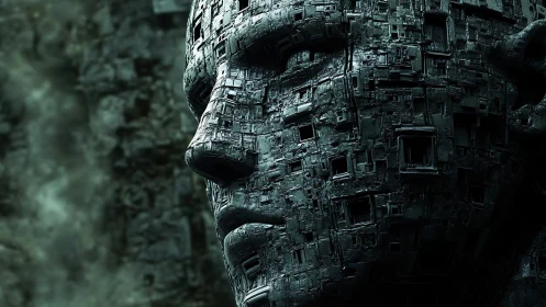 Human face structure is rendered as dense mechanical surface