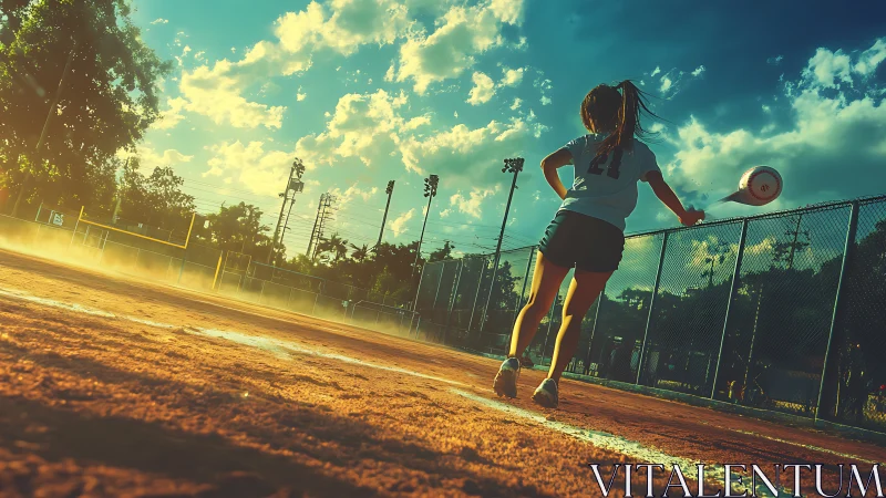 Backlit softball player swings on dusty field at sunset