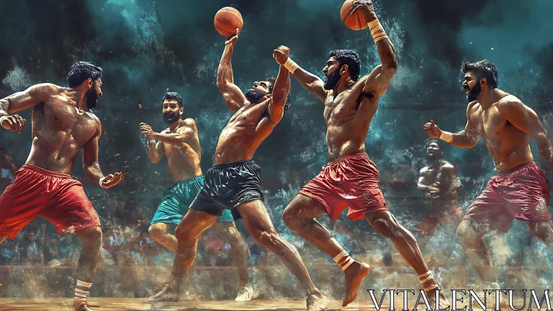 Dust-streaked court warriors collide in a storm of motion.