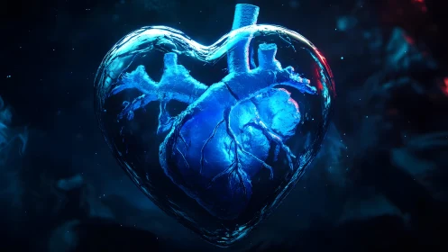 Anatomical blue heart encased in ice, glowing digital art style.