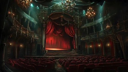 Opulent red-curtained opera stage under dramatic chandelier lighting