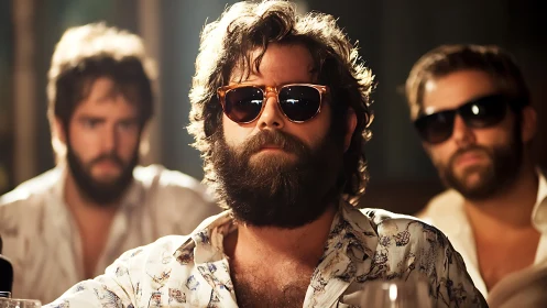 Bearded men in sunglasses sit indoors under warm lighting
