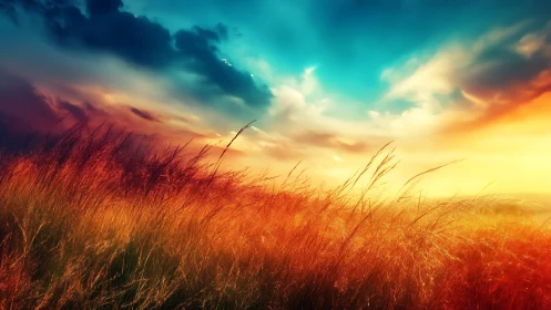 Radiant sunset meadow under dramatic cyan and gold sky.