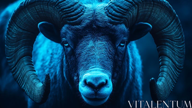 Blue-lit ram portrait with dramatic curled horns centered
