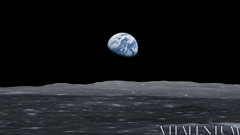 Photorealistic Earthrise over lunar horizon in stark void.