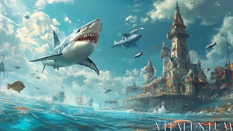 Levitating sharks over baroque seafront fortress under storm clouds.