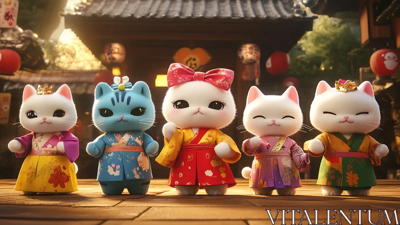 Five Maneki-Neko Cats in Traditional Asian Temple Setting.